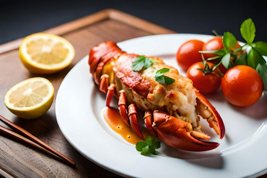 a lobster on a plate with tomatoes and lemons on the side