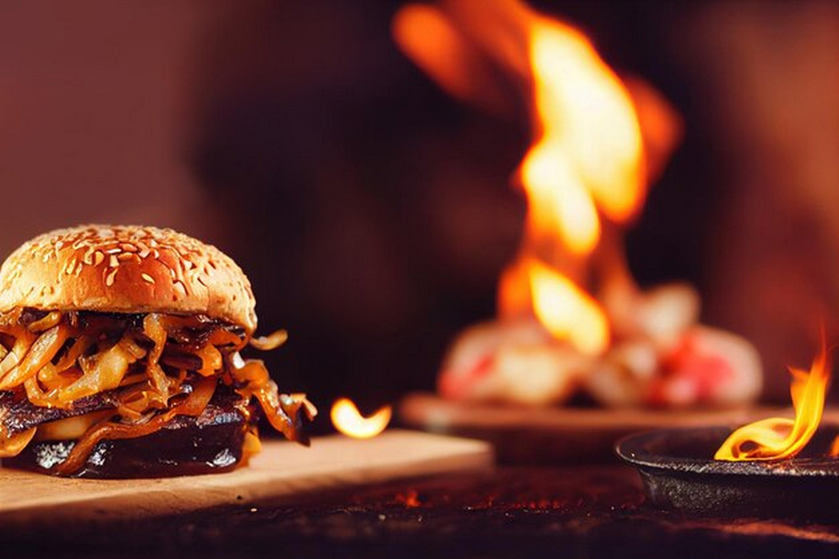 burger with bun, meat, and vegetables on a fiery background.