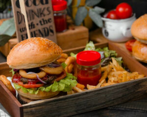 Burger, Fries, Tray, and Hot Sauce