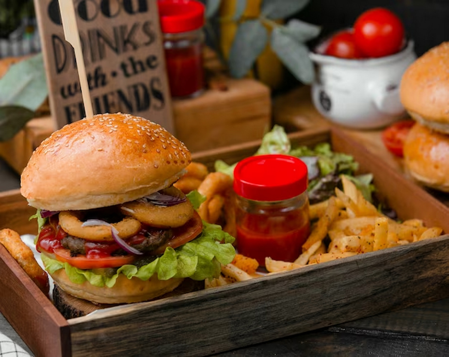 Burger, Fries, Tray, and Hot Sauce